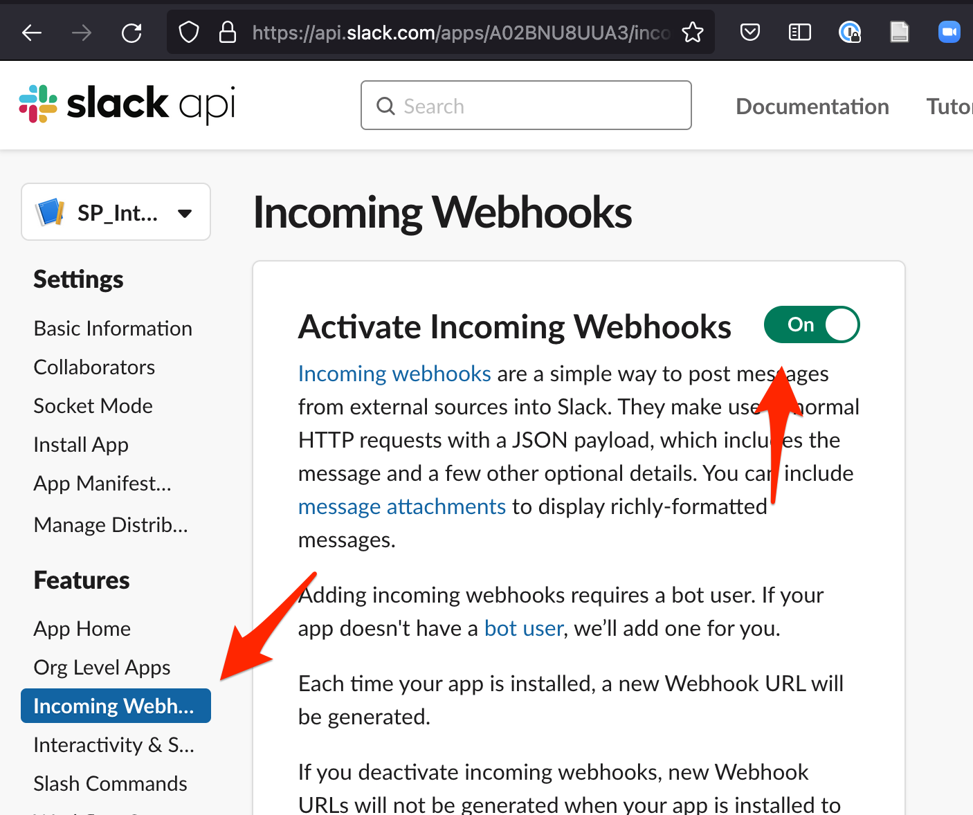Slack Integration Webhook Enable